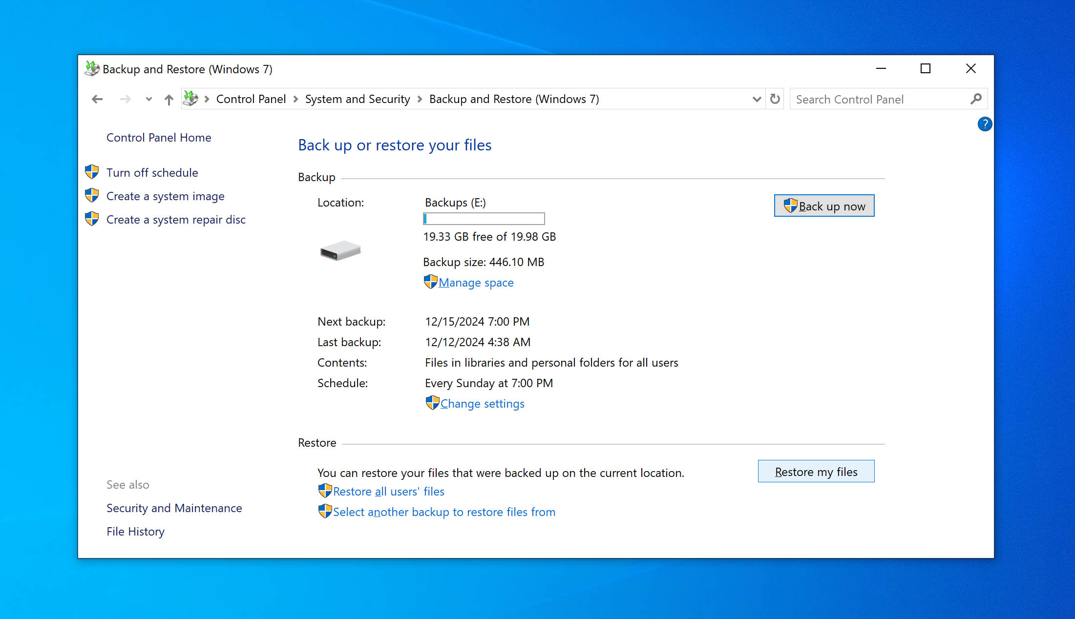 backup and restore feature on Windows 10