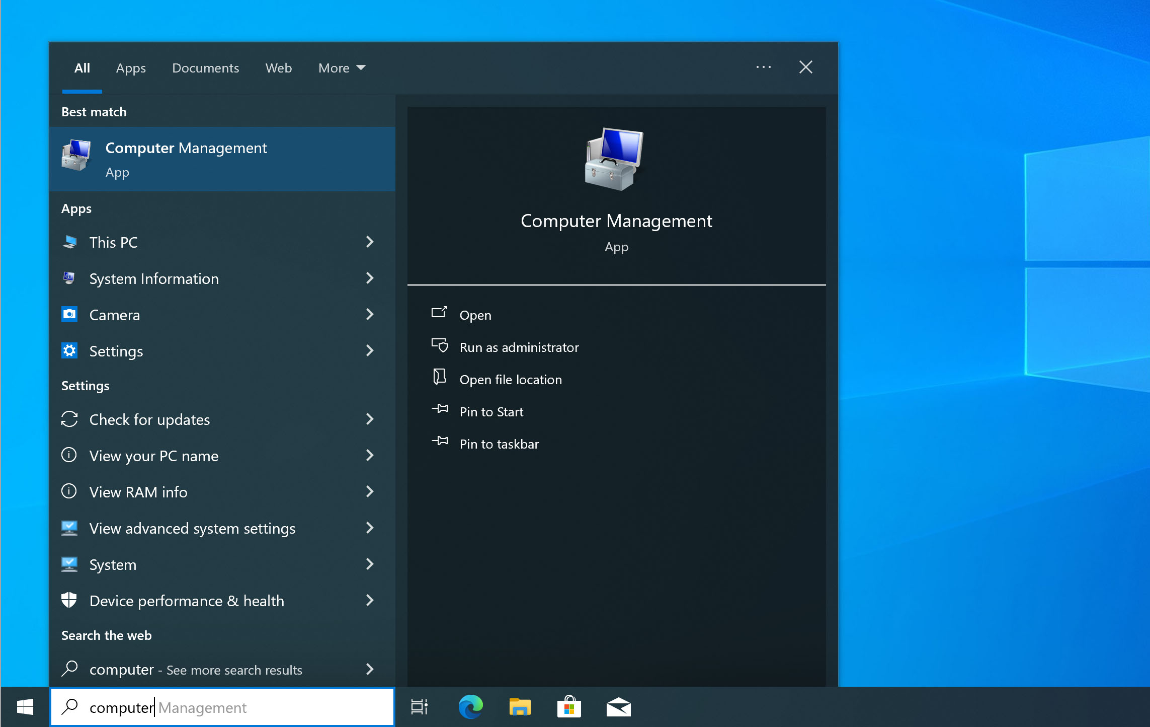 computer management in the start menu on Windows