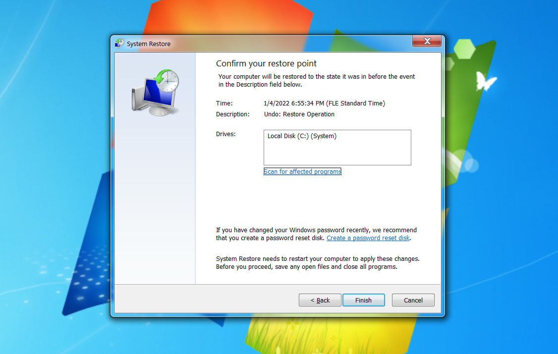 finish restore on windows 7