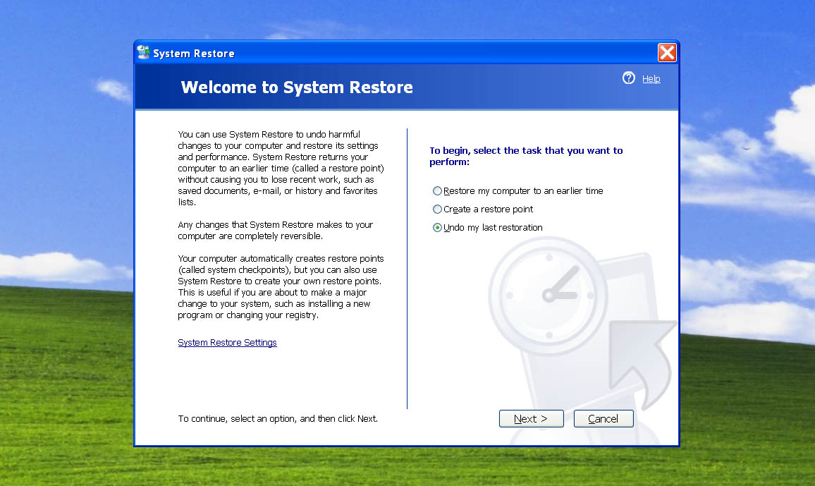 select undo my last restoration windows xp