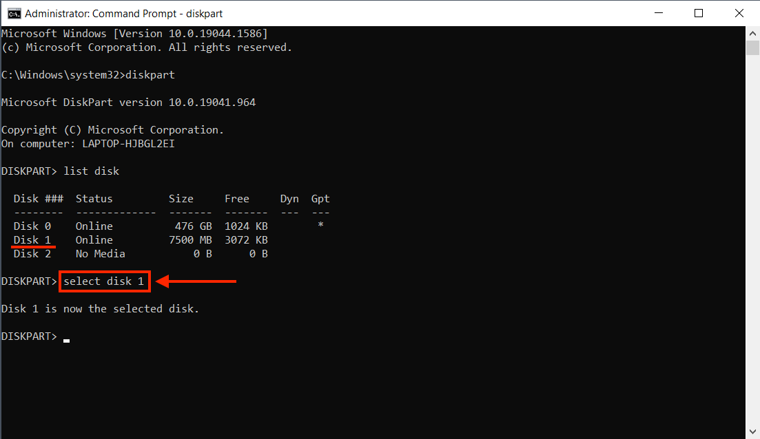 Diskpart Select Disk command in Command Prompt