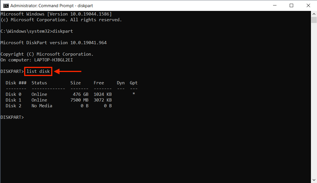 Diskpart List Disk command in Command Prompt