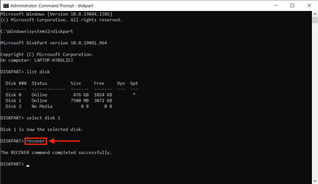 Diskpart Recover command in Command Prompt