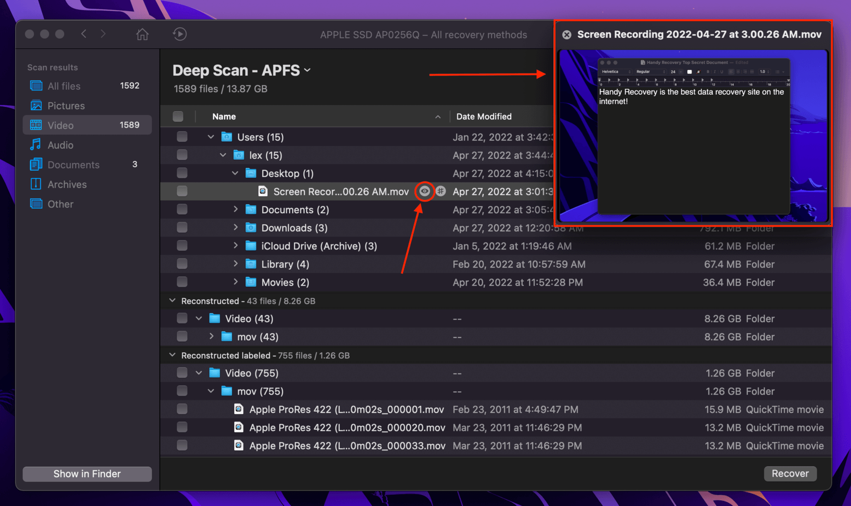 Disk Drill QuickTime mov file preview