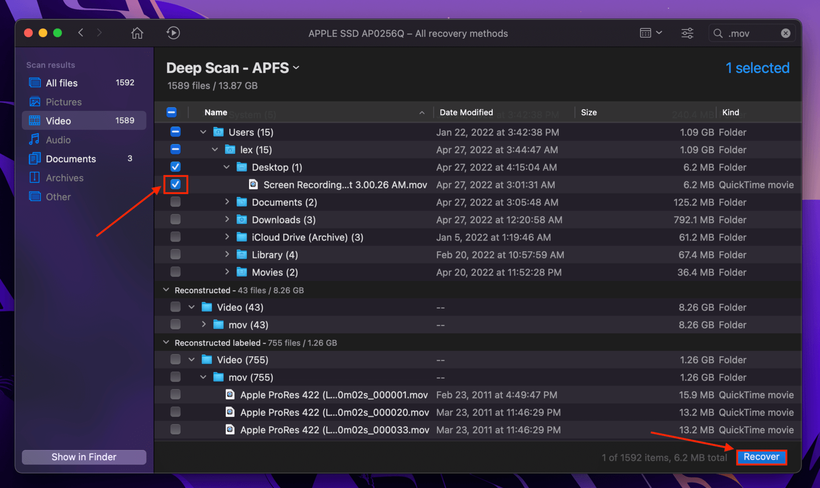 Disk Drill file selection column