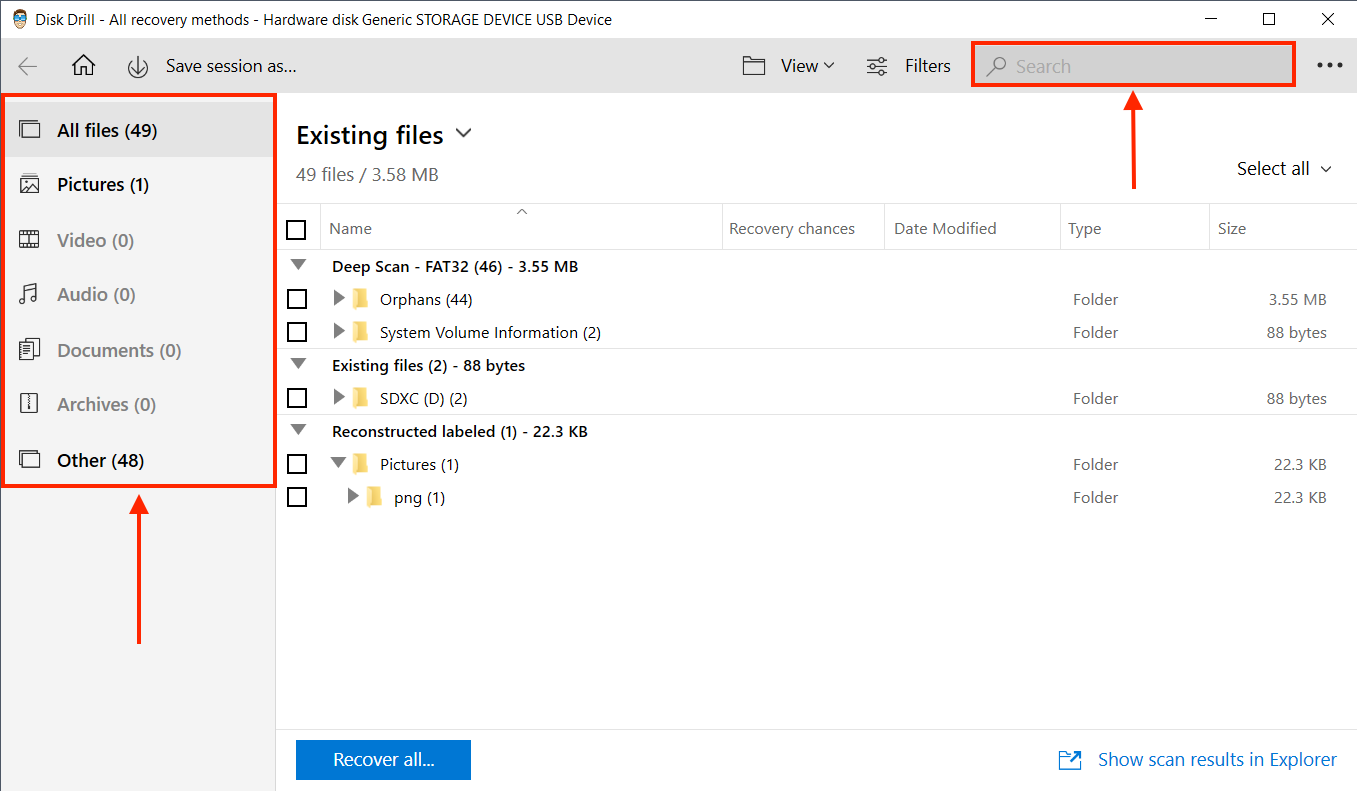 Disk Drill search bar and file type sidebar