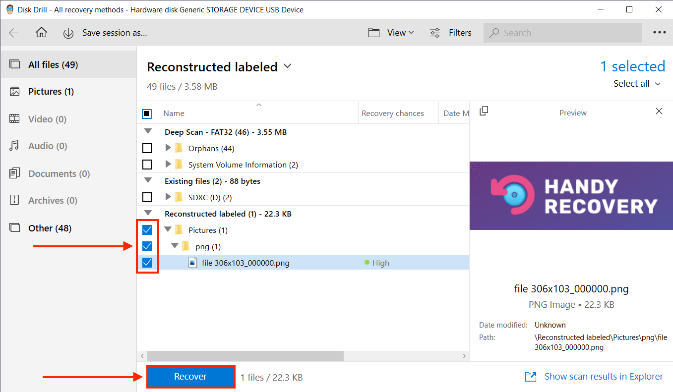 Disk Drill file selection column