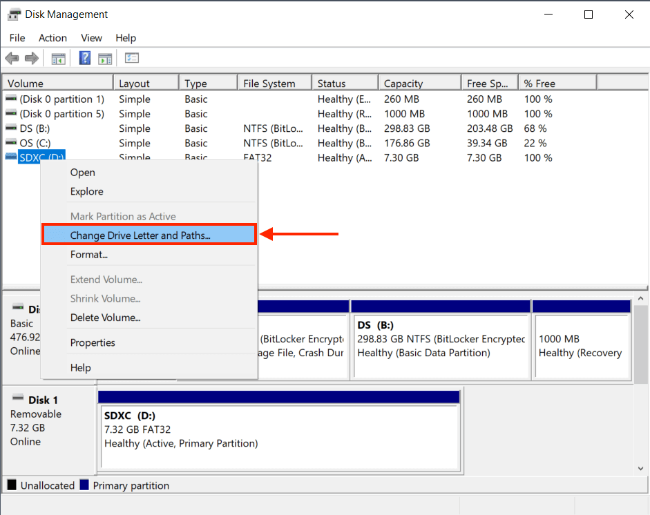 Disk Management right-click menu