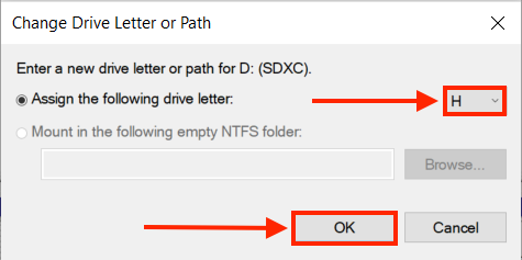 Disk Management assign drive letter dialogue box