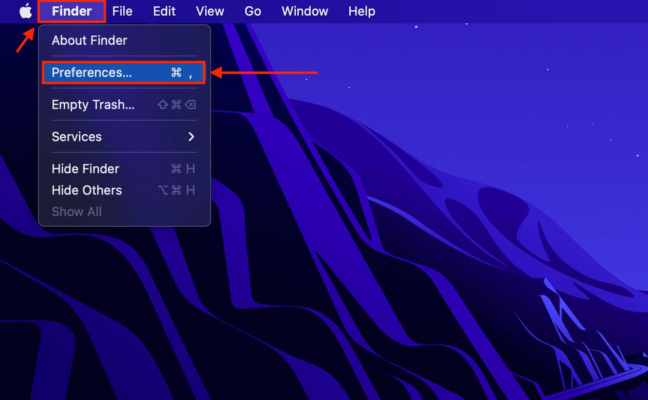 Preferences option in the Finder dropdown menu