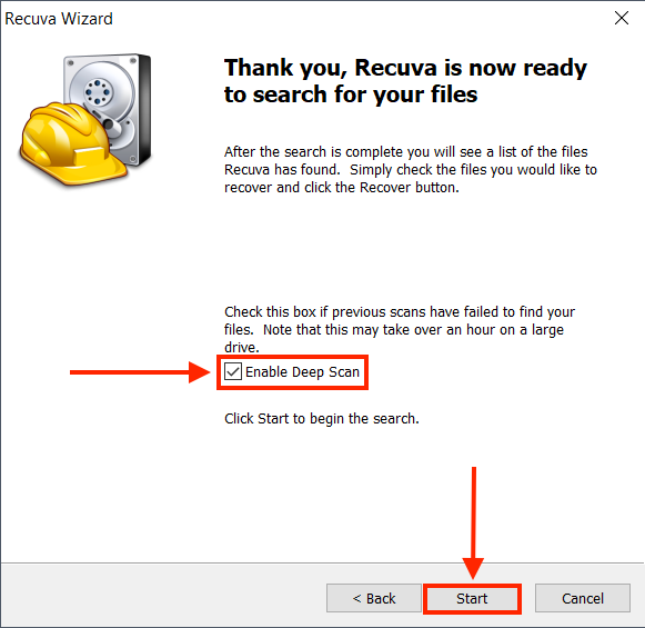 Recuva Wizard deep scan setting