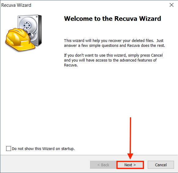 Recuva wizard initial screen