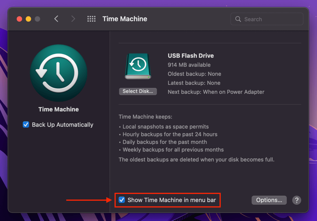 Setting to show Time Machine in the menu bar