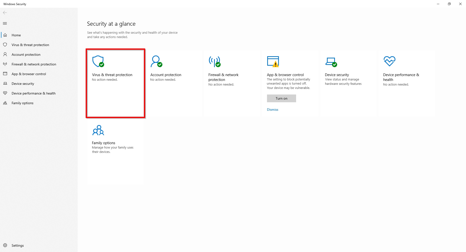 The Virus & threat protection option in the Security dashboard.