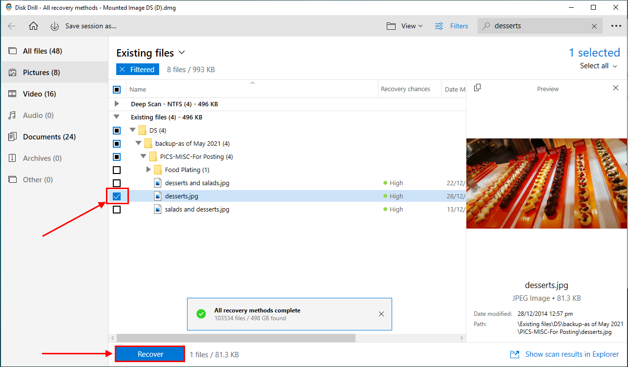 Disk Drill file selection column