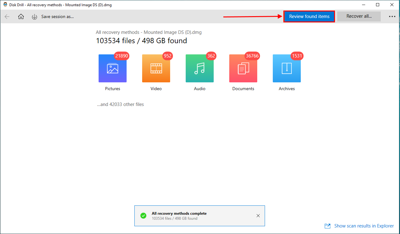 Disk Drill scan results window