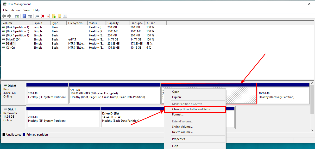 Change drive letter option in Disk Management window