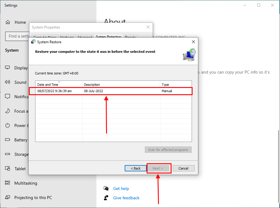 system restore point selected in System Restore dialogue