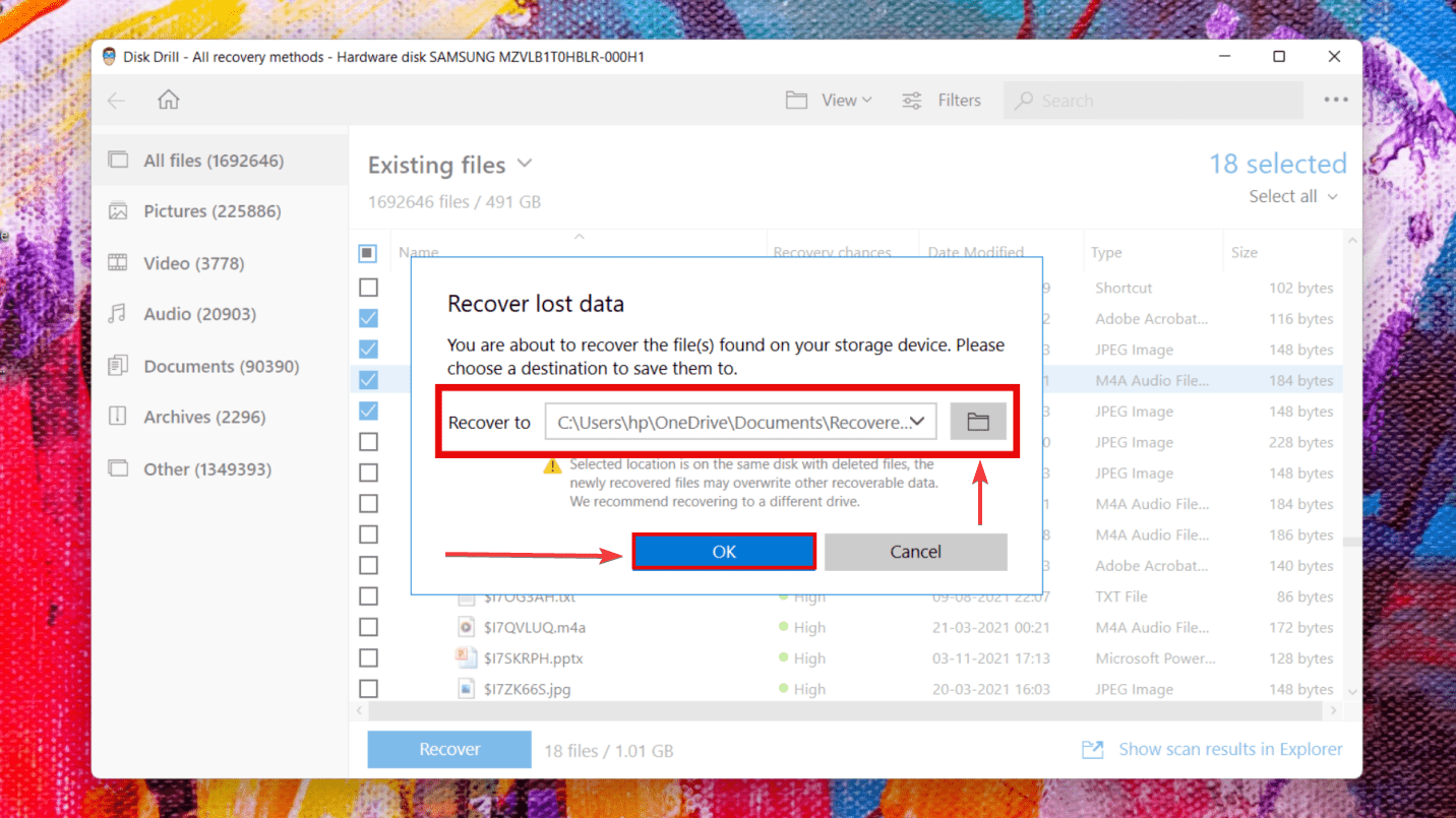 selecting the destination for saving the recovered files