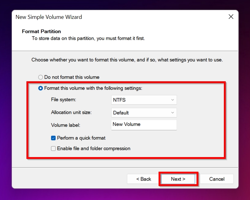 Format options in the simple volume wizard.