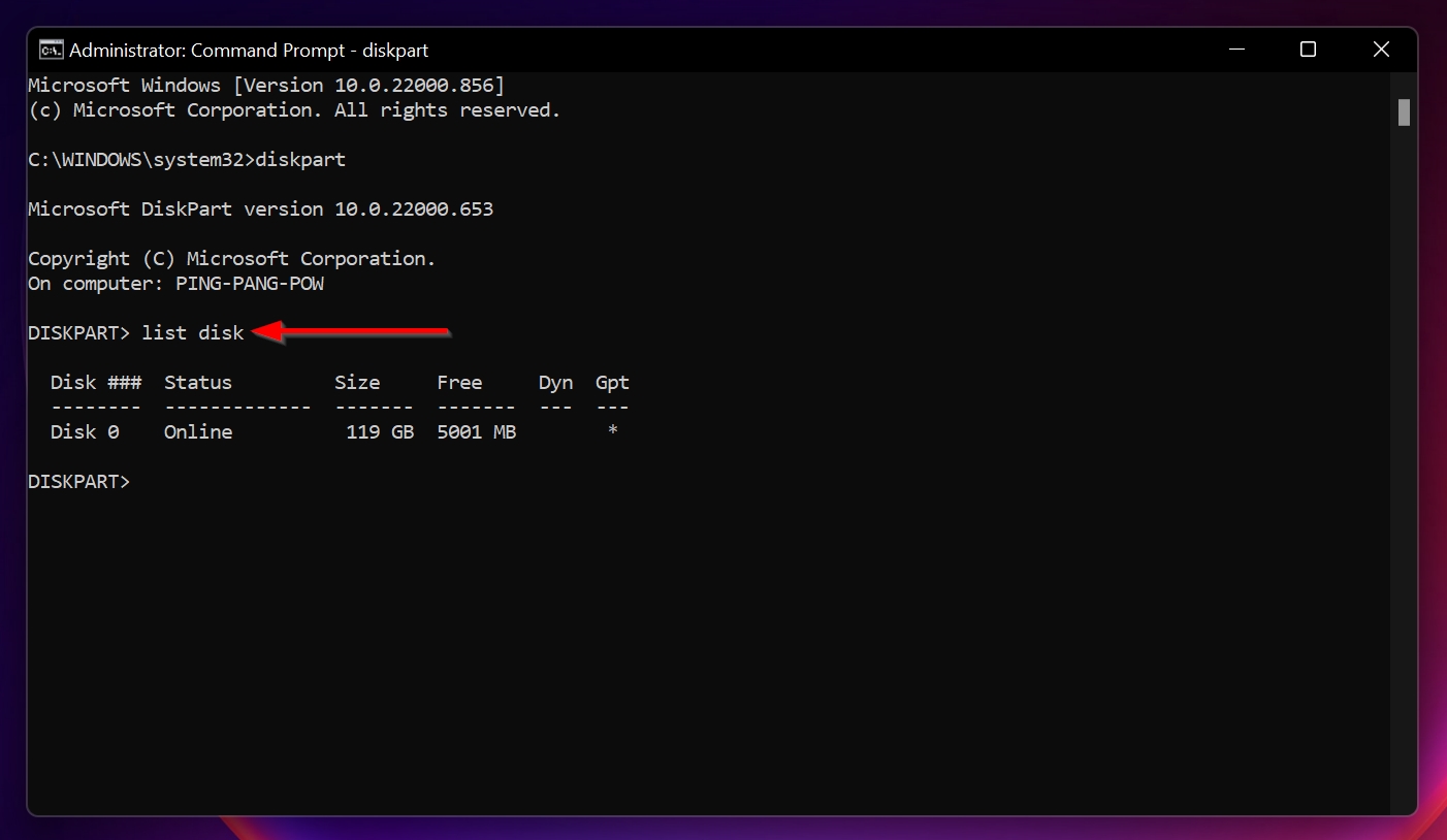 The list disk command in Command Prompt.