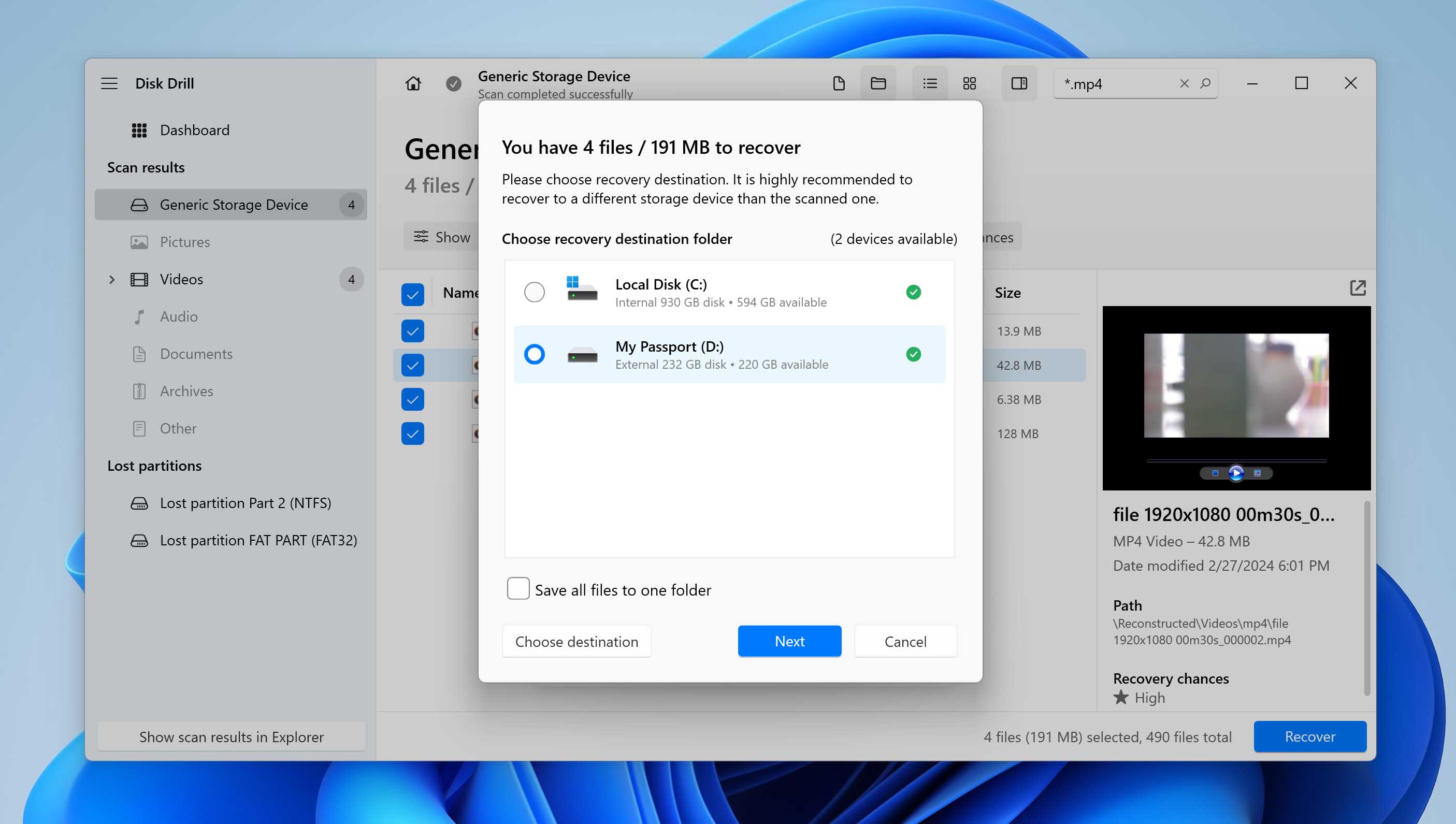 choose recovery location for mp4 files in Disk Drill