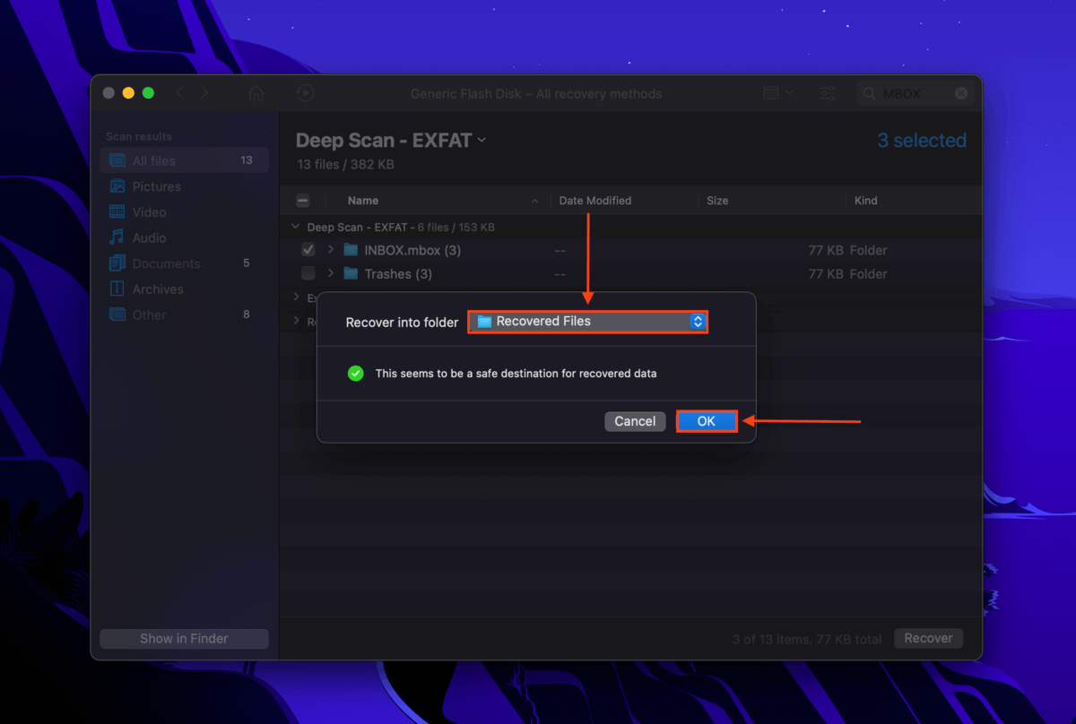 Disk Drill save folder selection