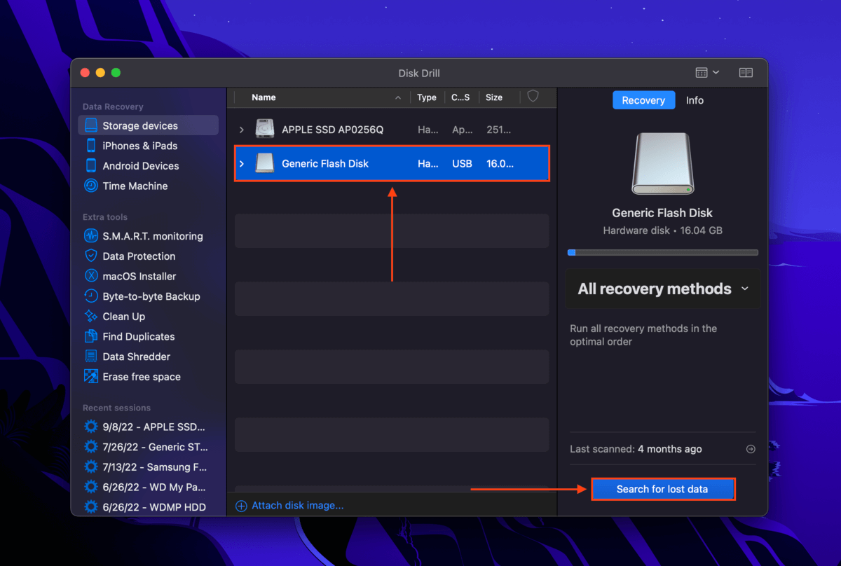 Disk Drill drive selection screen