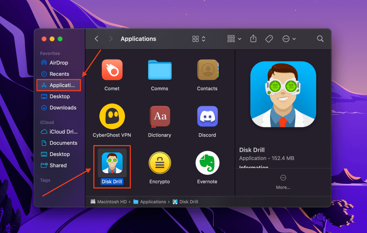 Disk Drill app in the Finder Applications folder