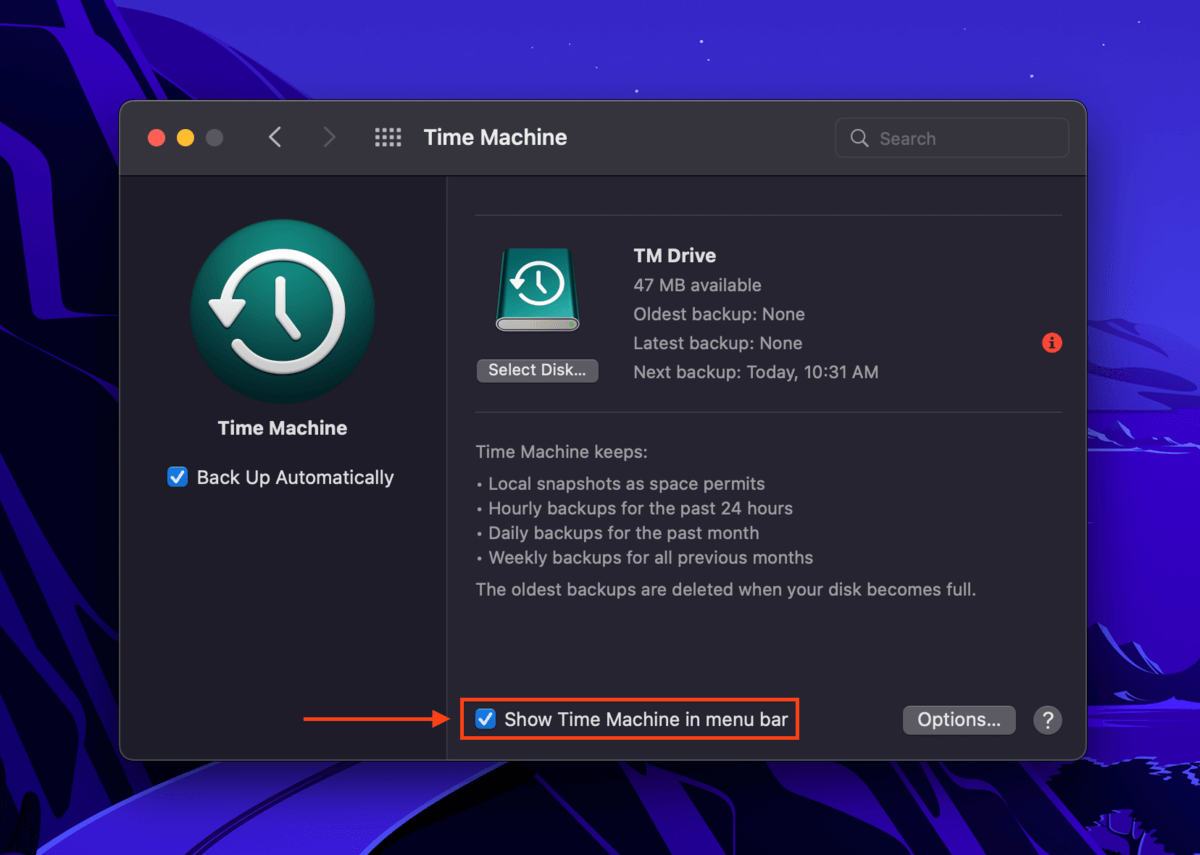 Time Machine settings