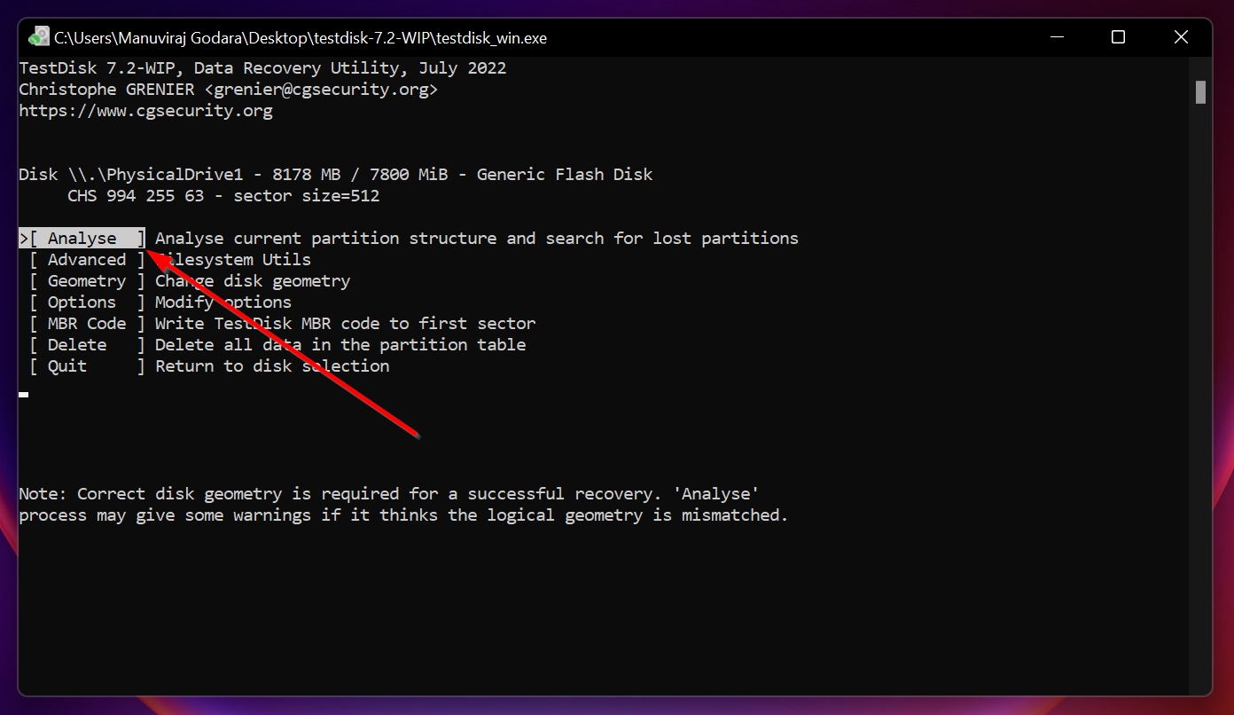 Analyze option in TestDisk.