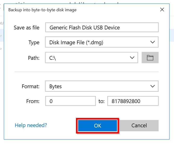 Byte-to-byte backup options screen.