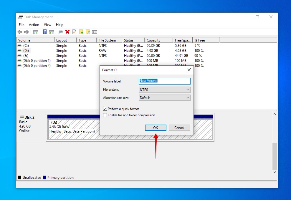 Confirming the Disk Management format.