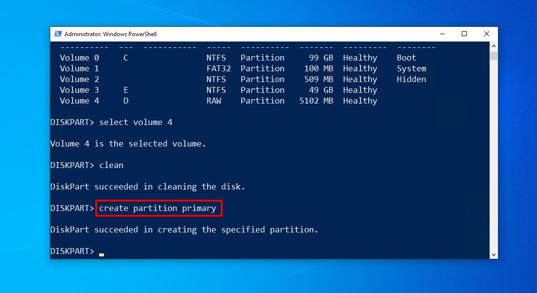 Creating a primary partition.