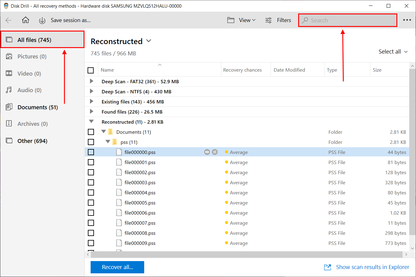 File selection window in Disk Drill