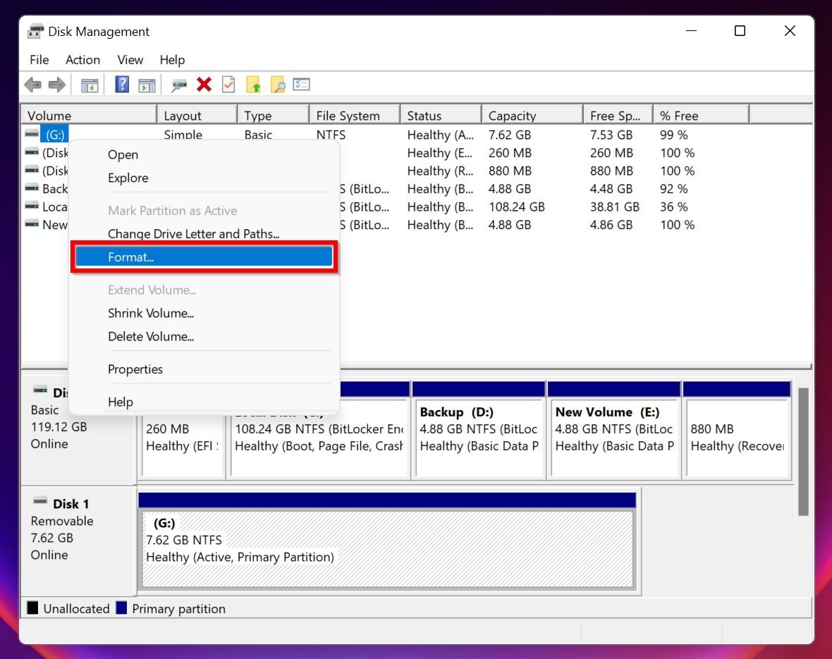 The Format option in Disk Management.