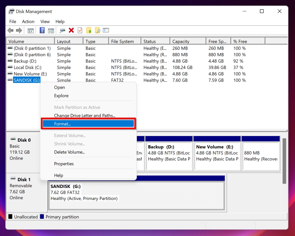 Format option in Disk Management.