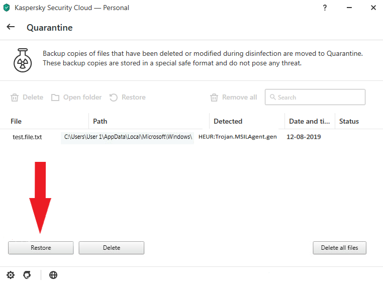 kaspersky quarantine restore