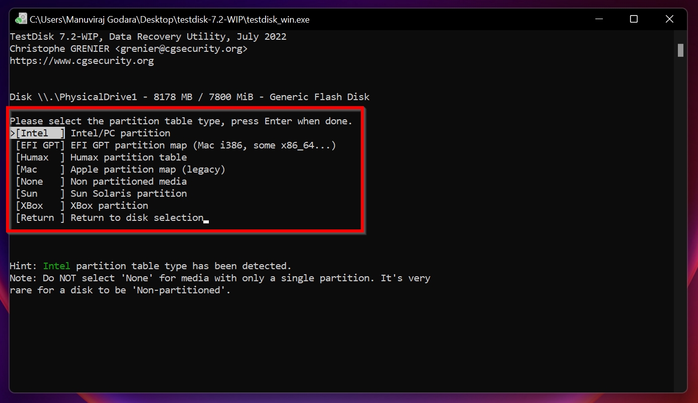 Select partition table screen in TestDisk.