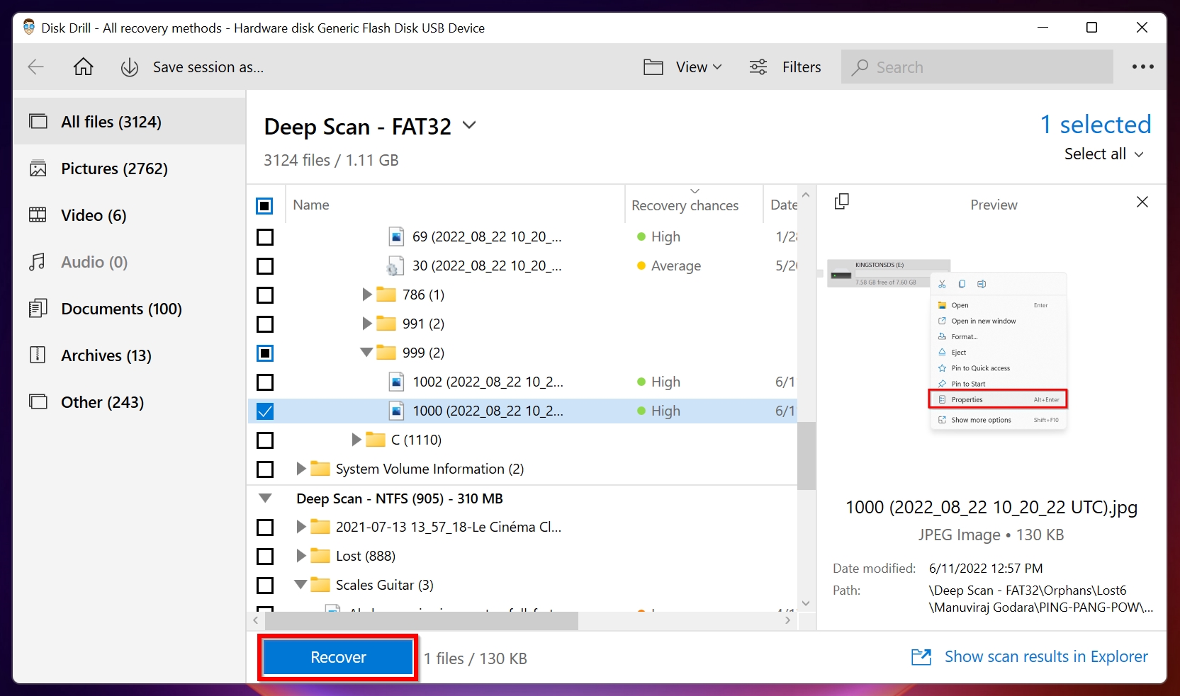 List of recoverable files in Disk Drill.