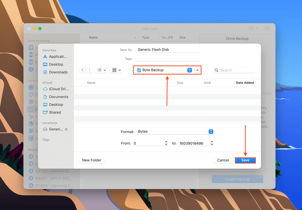 byte backup selection window in disk drill