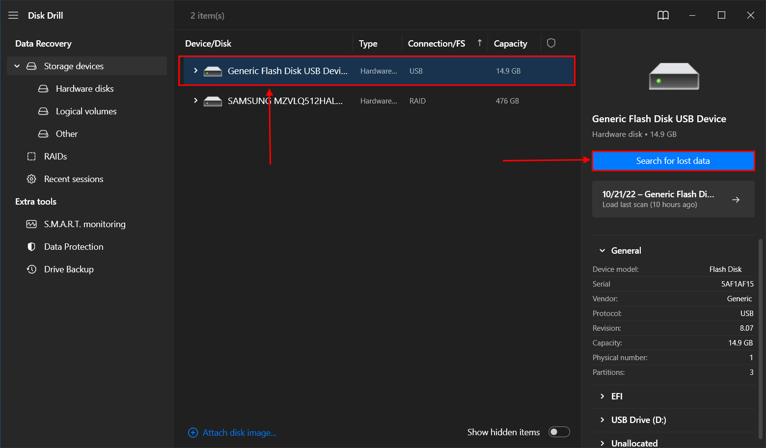 Drive selection window in Disk Drill