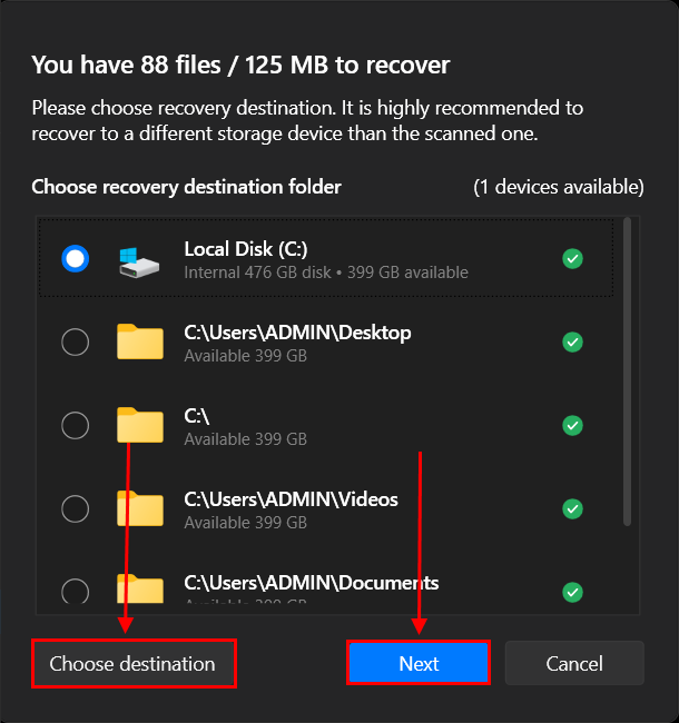 destination folder selection dialog in disk drill