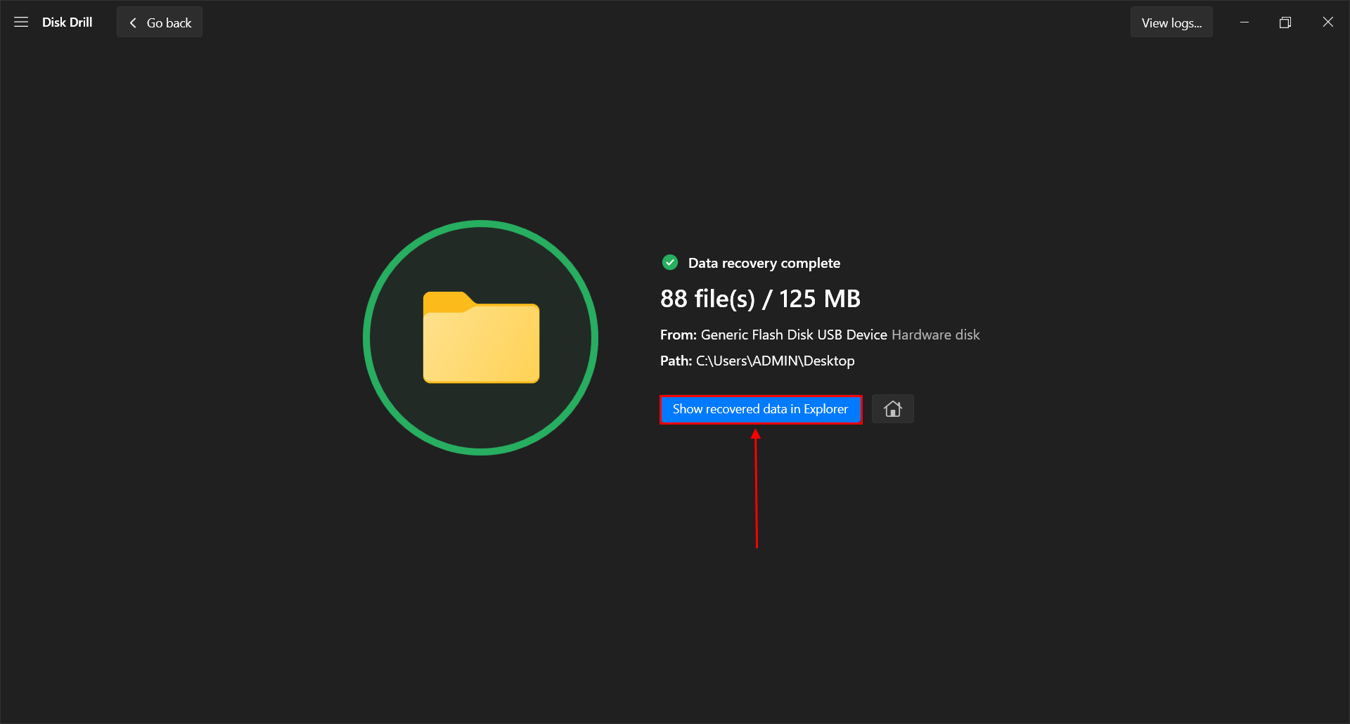 data recovery complete window in Disk Drill