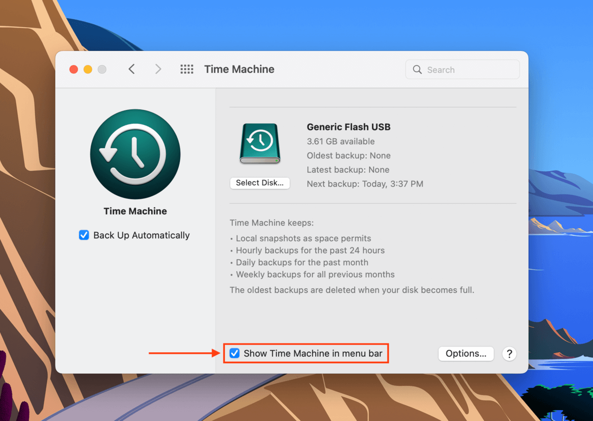 Show Time Machine in menu bar button