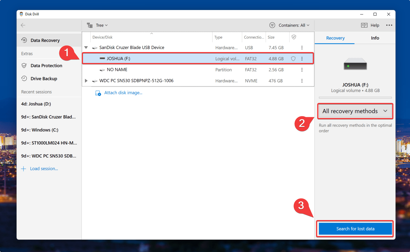 selecting drive on disk drill