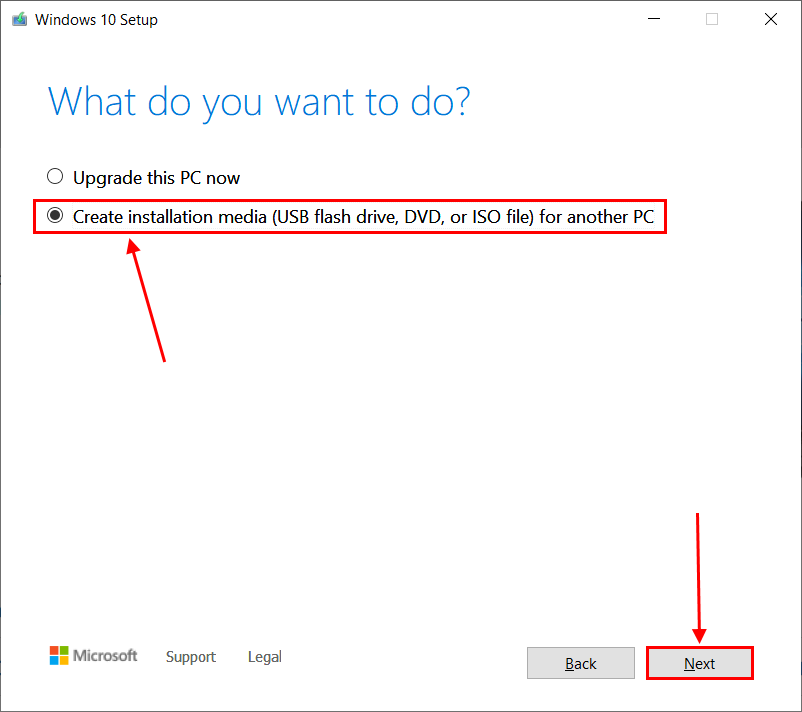 Create installation media button in Windows installation media