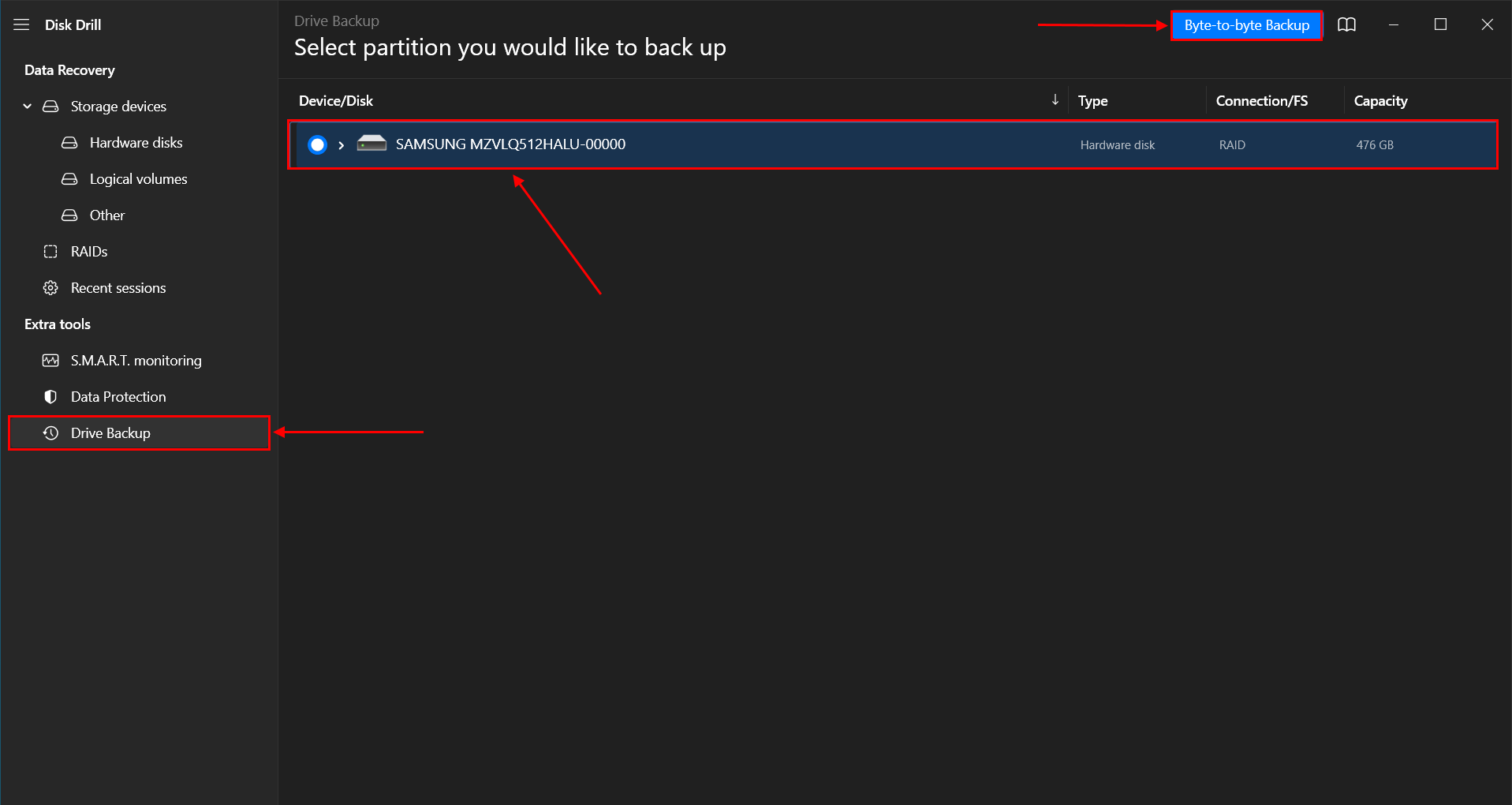 drive selection in Disk Drill's Drive Backup window