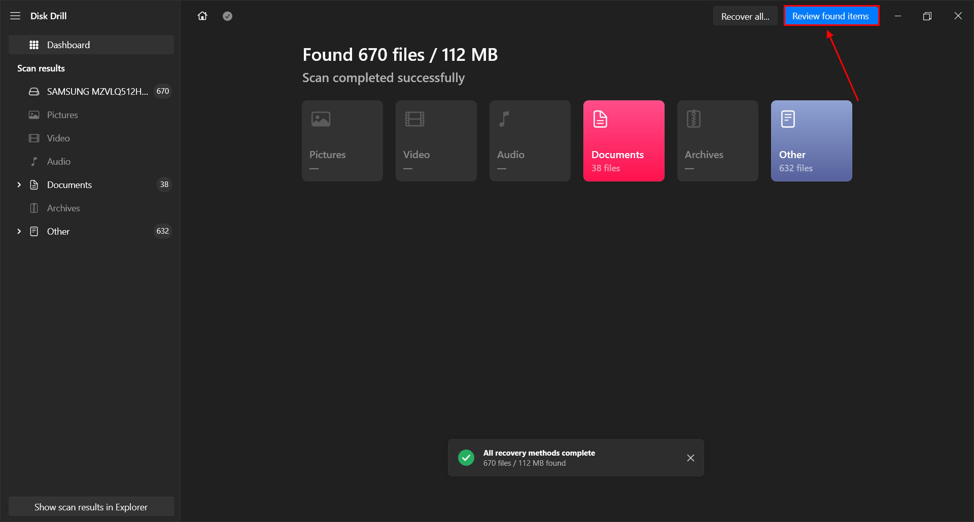 scan results in disk drill