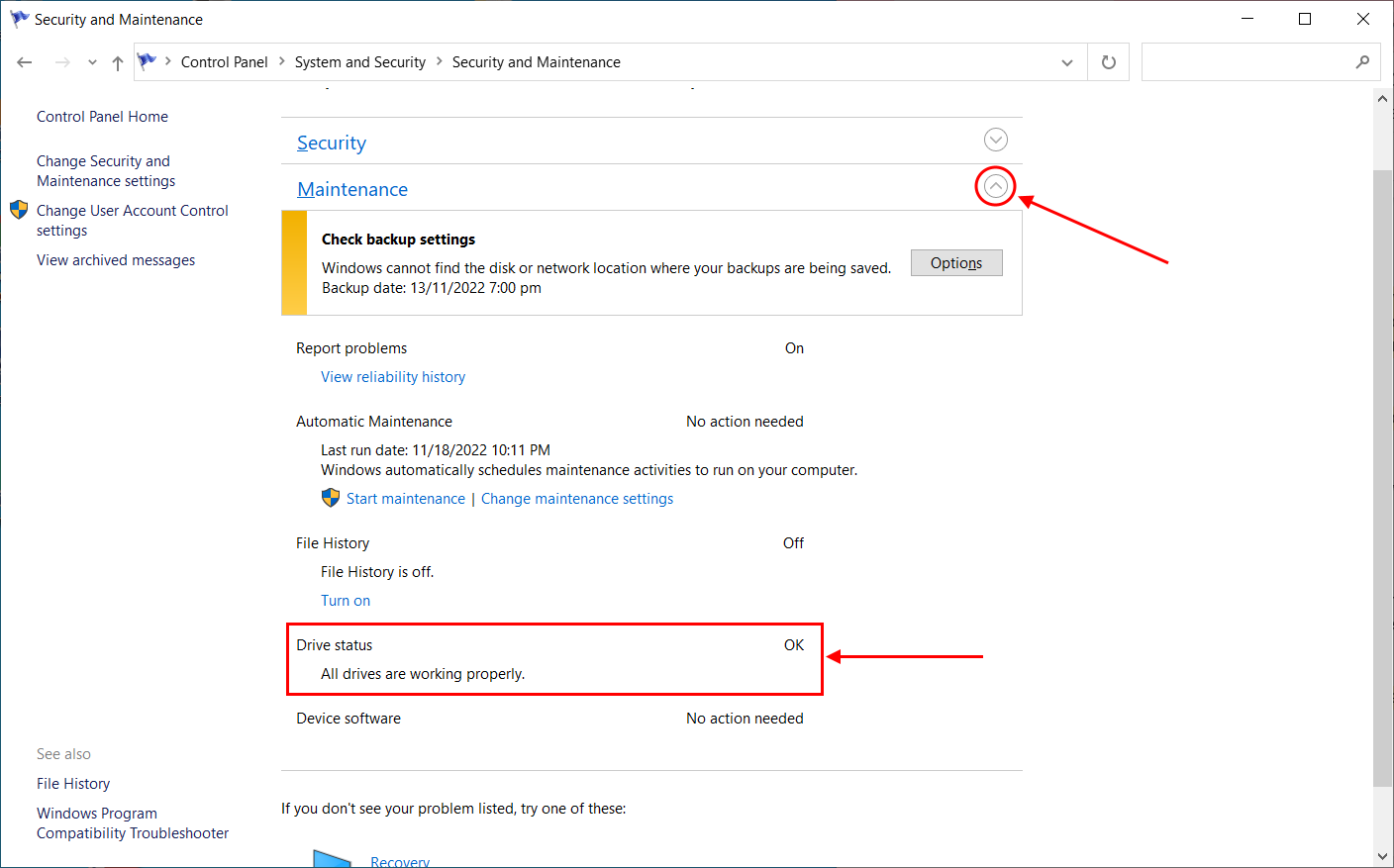 drive status in Security and Maintenance window